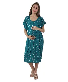 Mama & Bebe Short Bell Sleeves Leaf Printed Maternity Dress - Green