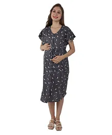 Mama & Bebe Short Bell Sleeves Leaf Printed Maternity Dress - Grey