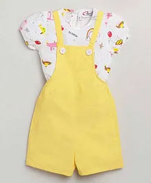 M'andy Half Sleeves Rainbow Airplane Printed Top With Solid Dungaree - Yellow