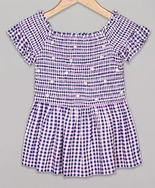 Budding Bees Half Sleeves Gingham Checked Bead Embellished Smocked Top - Purple