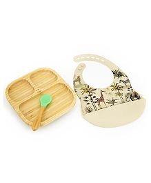 StarKiddo Slate Bamboo Suction Plates with Weaning Spoon and Cute Adjustable Printed Bib for Baby and Toddler - Green Beige