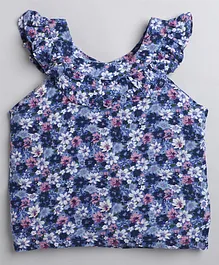 Aww Hunnie Sleeveless Frill Neck Line Style Floral Printed Top - Blue