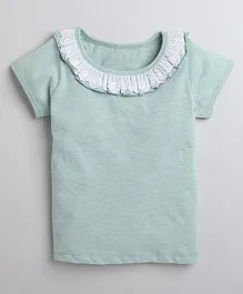 Aww Hunnie Short Sleeves Neck Line Lace Detailed Self Designed Top - Green