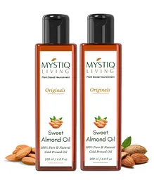 Mystiq Living Sweet Almond Oil Combo Massage Oil Pure Cold Pressed Face & Hair Oil - 100 ml Pack Of 2 - 200 ml Each