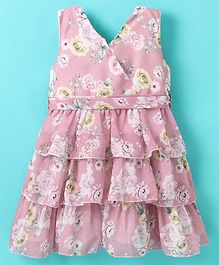 Rassha Sleeveless All Over Vintage Wallpaper Style Floral Printed Fit &amp; Flare Layered Dress - Peach