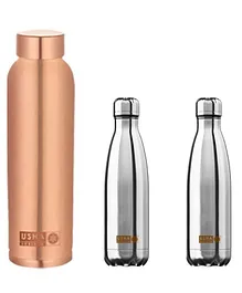 USHA SHRIRAM Pure Copper Bottle and Insulated Stainless Steel Water Bottle Pack of 3 Silver - 1950 ml