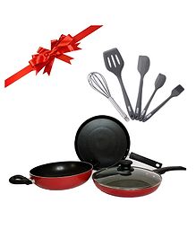 USHA SHRIRAM 3 Piece Red Non-Stick Set of Tawa Fry Pan & Kadhai(with Lid) & Spatula Set of 5 - Set of 8