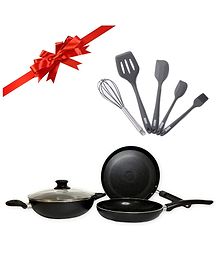 USHA SHRIRAM 3 Piece Non-Stick Set of Tawa Fry Pan & Kadhai(with Lid) & Spatula Set of 5 - Set of 8