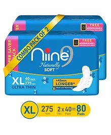 Niine Naturally Soft Ultra Thin XL Sanitary Pads 80 Pads with Free Biodegradable Disposal Bags - Pack of 2
