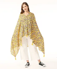 Bella Mama 100% Cotton Woven Three Fourth Sleeves Free Size Poncho Floral Print - Yellow