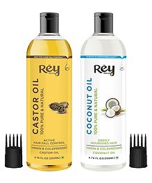 Rey Naturals Cold Pressed 100% Pure Castor Oil & Coconut Hair Oil Combo - 200 ml Each