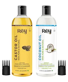 Rey Naturals Cold Pressed 100% Pure Castor Oil & Coconut Oil Combo - 200 ml Each