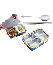 NEGOCIO 3 Compartment Insulated Lunch Box Stainless Steel  with Spoon & Fork Multicolour ( Colour May Vary)