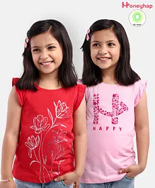 Honeyhap Premium 100% Cotton Knit Frill Sleeves T-Shirts with Bio Finish Pack of 2 Floral Print - Fairy Tale & High Risk Red