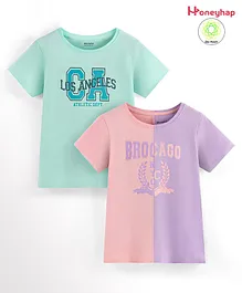 Honeyhap Premium  100% Cotton Half Sleeves Bio Washed Text Print T-Shirt Pack of 2- Honeydew Pink Dogwood & Orchid Bloom