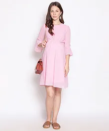 Oxolloxo Three Fourth Bell Sleeves Solid Gathered  Maternity Dress - Blush Pink