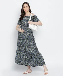 Oxolloxo Cold Shoulder Half Sleeves Abstract Floral Printed Maternity Dress. - Blue