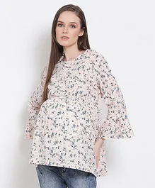 Oxolloxo Bell Full Sleeves Seamless Floral Printed Maternity Top - Peach