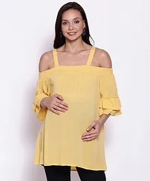 Oxolloxo Three Fourth Layered Bell Sleeves Solid Cold Shoulder Maternity Top - Yellow
