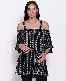 Oxolloxo Three Fourth Sleeves Striped Patterned Flower Motif Printed Cold Shoulder Maternity Top - Black