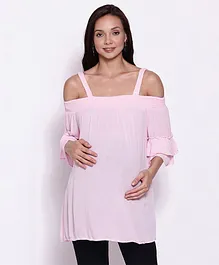Oxolloxo Three Fourth Layered Bell Sleeves Solid Cold Shoulder Maternity Top - Pink