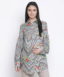Oxolloxo Puffed Full Sleeves Chevron Designed & Floral Printed Shirt Style Maternity Top - Grey