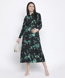Oxolloxo Full Sleeves Tora Floral Printed Long Maternity Dress - Black