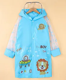 Kookie Kids Full Sleeves Hooded Raincoat with Attached Pouch Lion Print - Blue