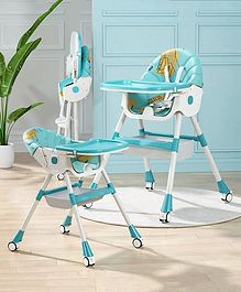 3 In 1 Recline Folding Baby High Chair With Adjustable Feeding Seat Along With Pu Cushion & Wheels - Blue White