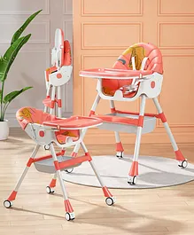 3 In 1 Recline Folding Baby High Chair With Adjustable Feeding Seat Along With Pu Cushion & Wheels - Pink White