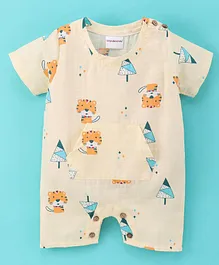 Wonderchild Half Sleeves All Over Lion Cub Printed Graph Checkered Romper - Yellow