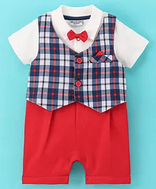 Wonderchild Half Sleeves Waistcoat Designed Bow Applique Romper - Red