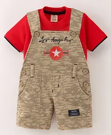 Jo&Bo Half Sleeves Solid Tee With Camouflage Printed & Placement Embroidered Dungaree  - Brown &  Red