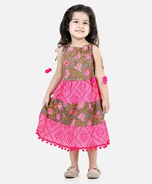 Bownbee 100% Cotton Sleeveless All over Jaipuri Floral Printed Bandhej Tiered & Flared Dress - Pink