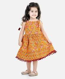 Bownbee 100% Cotton Sleeveless Jaipiuri Floral Printed & Lace Embellished Tiered Dress - Yellow