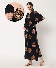 Aujjessa Batwing Three Fourth Sleeves Floral Printed Maternity Kaftan - Black