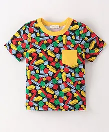 CrayonFlakes Half Sleeves Seamless Puzzle Blocks Printed Ringer Tee - Navy Blue & Yellow