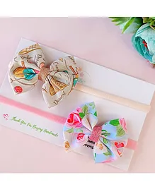 Little Tresses Set Of 2 Roses & Ice Cream Printed Bow Soft Headbands - Brown & Pink