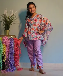 Kirti Agarwal - Pret N Couture Flower Print Kaftan with pants for Girl - BLUE