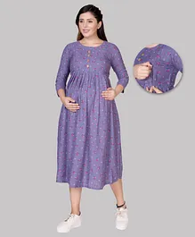 Mamma's Maternity Three Fourth Sleeves Seamless Motif Printed & Frill Detailed Fit & Flare Maternity & Nursing Dress With Concealed Zipper Access - Purple