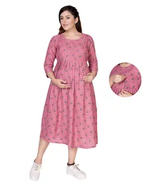 Mamma's Maternity Three Fourth Sleeves Motif Printed & Frill Detailed Fit & Flare Maternity & Nursing Dress With Concealed Zipper Access - Pink