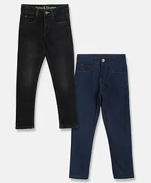 Tales & Stories Pack Of 2 Solid Button Down Jeans - Blue & Black