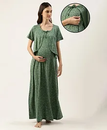 Nejo Pure Cotton Half Sleeves Floral Printed Maternity Night Dress - Green