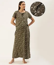 Nejo Pure Cotton Half Sleeves Garden Floral Theme Printed Maternity & Nursing Night Dress With Concealed Zipper - Olive Green