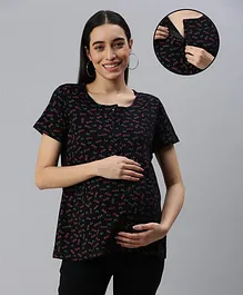 Nejo Pure Cotton Half Sleeves All Over Sleep Text Printed Maternity Top With Concealed Zipper Access - Black