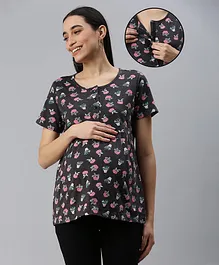 Nejo Pure Cotton Half Sleeves Seamless Plant Printed Maternity Top With Concealed Zipper Access - Dark Grey