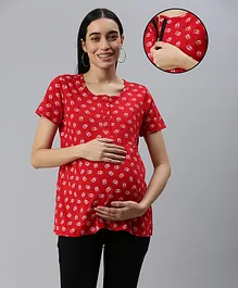 Nejo Pure Cotton Half Sleeves Seamless Cup Printed Maternity Top With Concealed Zipper Access - Red