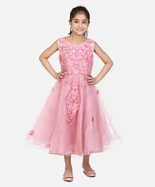 WhiteHenz Clothing Sleeveless Pearl Detailed Flower Applique Embellished & Embroidered Bodice Fit & Flare Gown - Pink