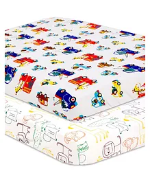The Mom Store Combo of 2 Baby Crib Sheet Beep Beep and Jungle Tribe - White