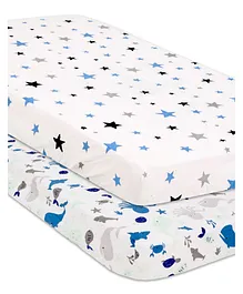 The Mom Store Combo of 2 Baby Crib Sheet Sleep Under The Stars and My Sea World - White